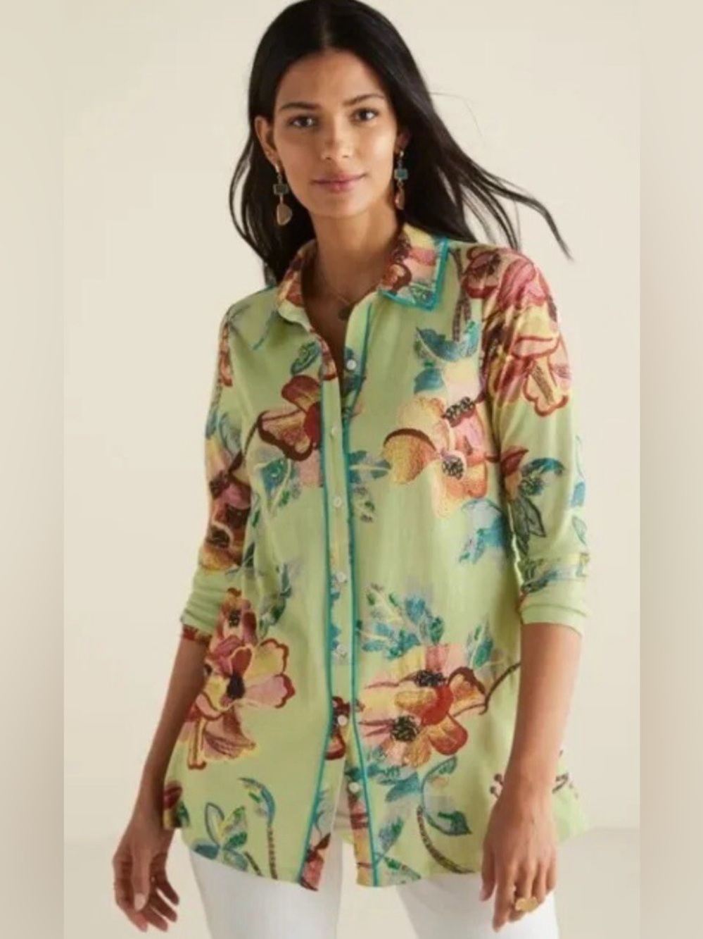 Soft Surroundings Womens Elena Top Tropical Floral Button Down Top Size Large